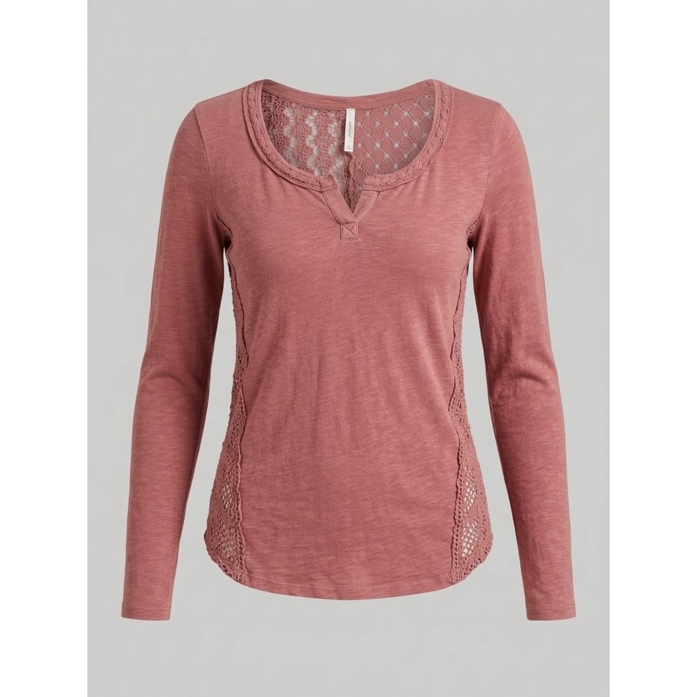 Free People Patches of Lace Pink Knit Crochet Long Sleeve Henley S Boho Vintage